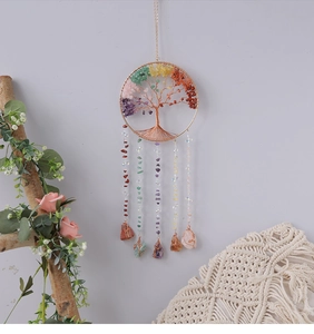 Detailed Tree of Life wall hanging with colorful crystal stones and copper wire weaving