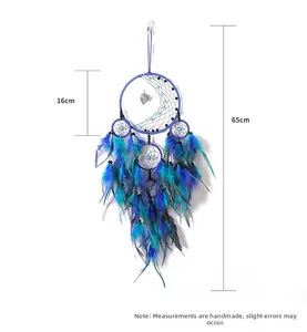 Detailed dreamcatcher hanging decor with blue feathers and moon charm, size 16x65cm