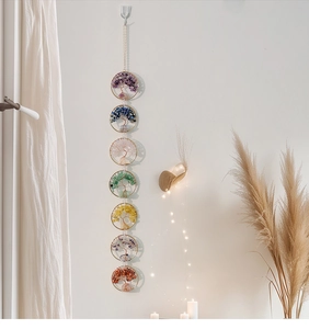 Vertical seven chakra tree of life wall hanging with natural crystals and gold wire