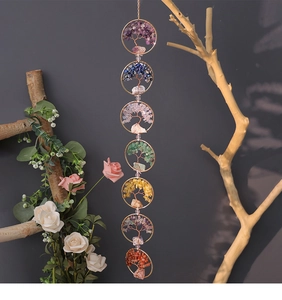 Detail view of Seven Chakra Tree of Life wall hanging with natural crystals and copper wire