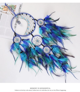 Blue dream catcher featuring five woven rings with hanging feathers and bead accents