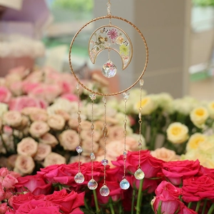 Bohemian moon crystal suncatcher with dried flowers and sparkling beads for wall decor