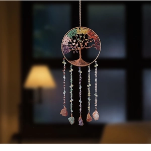 Detailed view of Tree of Life crystal wind chime with colorful stones and hanging geodes