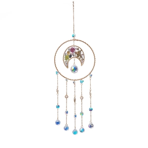 Crystal moon suncatcher with dried flowers and hanging iridescent prisms for wall decor