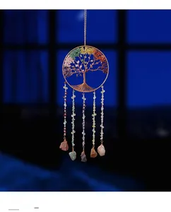 Detailed wire-wrapped Tree of Life suncatcher with colorful natural healing crystal stones