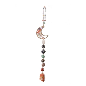 Handmade chakra moon wall hanging with raw natural crystals and woven golden wire frames