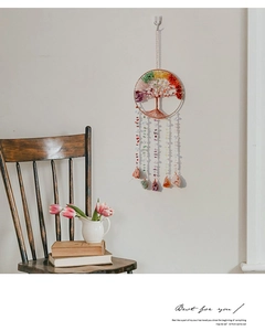 Detail of handmade Tree of Life crystal wall hanging with colorful healing stones