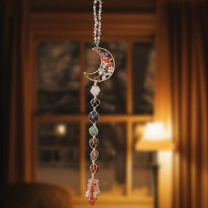 Handmade moon tree of life hanging decor with seven chakra raw stones in woven mesh nets