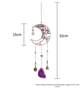 Detailed view of amethyst moon sun catcher with hanging crystal beads and moon frame