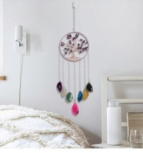 Detailed wall hanging of life tree crystal dreamcatcher with colorful agate slices