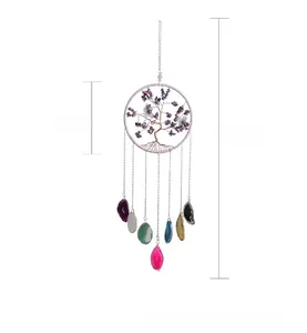 Detail of tree of life suncatcher with purple crystals and colorful agate slices