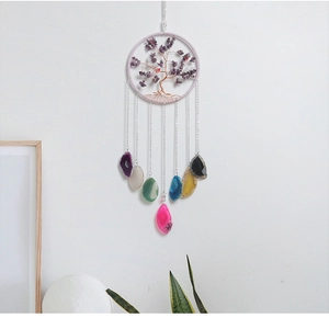 Detailed tree of life wall decor featuring pink amethyst wire and colorful agate slices