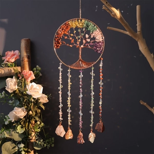 Tree Of Life Hanging Ornament Natural Crystal Raw Stone 7 Chakra Gemstone Bohemian Wall Decor Home Garden Healing Gift