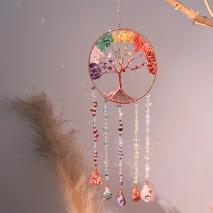 Chakra Tree of Life hanging ornament with natural crystal stones and bohemian tassels