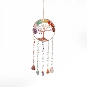 Chakra Tree of Life hanging ornament with natural crystal stones for garden and home decor