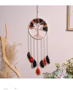Detailed Tree of Life wall hanging featuring natural agate slices and copper wire weaving