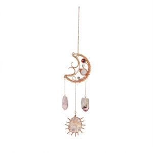 Handmade moon-shaped wire wrapped wind chime with natural amethyst and agate stones