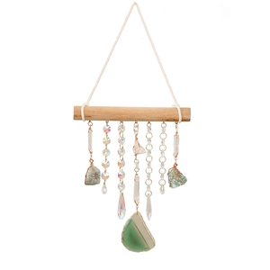 Boho crystal wall hanging shelf with natural raw stones and clear crystal drops
