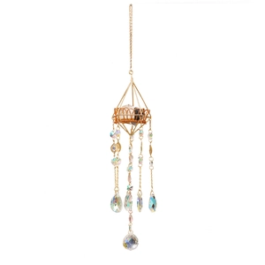 Golden geometric suncatcher with raw stones and crystal prisms for garden decoration