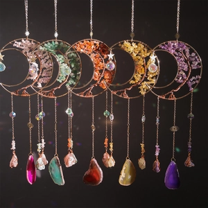 Moon Suncatcher Natural Crushed Stone Tree Of Life Handmade Hanging Ornament Boho Wall Decor Rainbow Maker Prism Decor