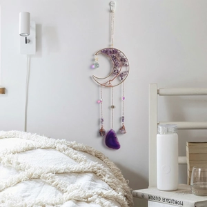 Handmade crescent moon suncatcher with purple amethyst crystals and Tree of Life weaving