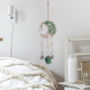 Bohemian moon-shaped suncatcher with tree of life green crystals and hanging agate slices