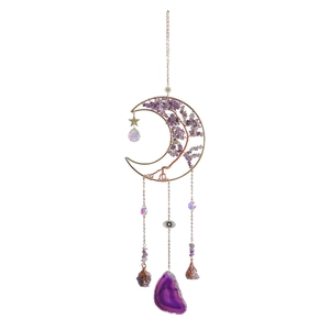 Bohemian moon life tree hanging ornament with purple amethyst stones and agate slice