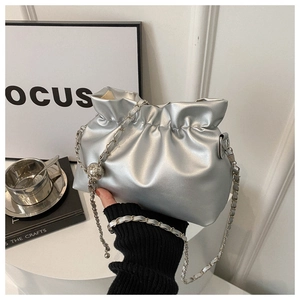 Silver pleated cloud bag in PU leather with stylish metal chain strap for women