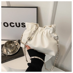 Fashionable white PU leather ruched cloud bag with silver chain strap and metal bead detail