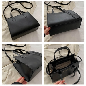 Detailed four-way view showing the interior, base, and side of a black vintage tote bag