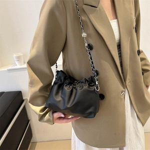 French style black pleated cloud bag with silver chain and metal ball ornament