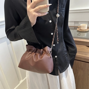 Chic dark brown pleated cloud bag with silver chain strap for women, casual style