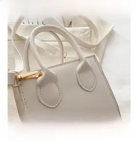 Top view of a white mini handbag with golden hardware and detailed fine stitching