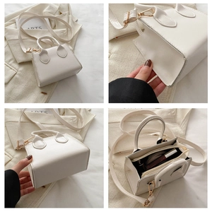 Detailed views of white small square handbag showing interior storage and strap details