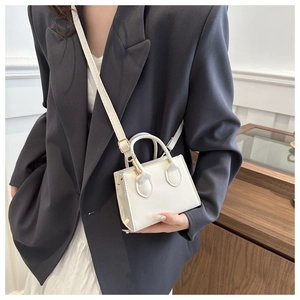 Close-up of a white structured mini handbag with gold hardware and adjustable strap