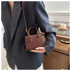 Brown mini crossbody tote bag shown with model in a modern minimalist setting