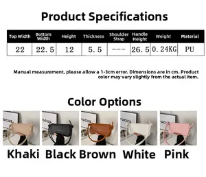 Detailed technical specification table showing dimensions and weight for this PU leather handbag