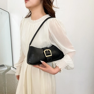 Fashionable black baguette shoulder bag with gold metal buckle for women's daily use