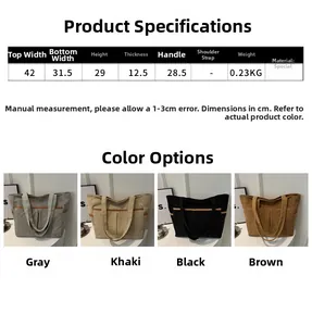 Detailed size chart and multi-color collage of the large capacity canvas tote shoulder bag