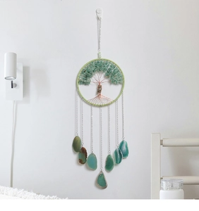 Green natural agate stone tree of life dream catcher with owl pendant detail