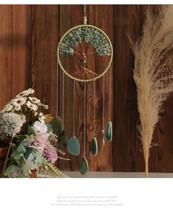 Detailed Tree of Life dream catcher with green agate slices and metal owl ornament