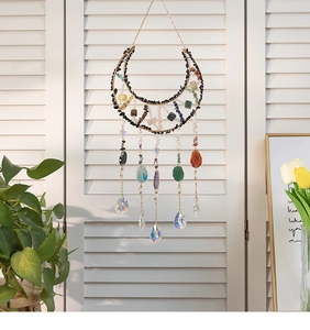 Detailed handmade crescent moon suncatcher with polished natural stones and crystal prism