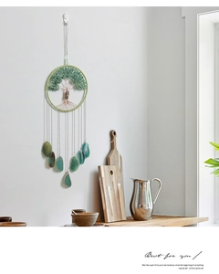 Detailed close-up of Tree of Life wall hanging with green agate and natural stones