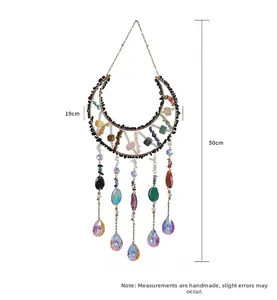 Detail view of crescent moon crystal suncatcher with natural stone beads and dimensions