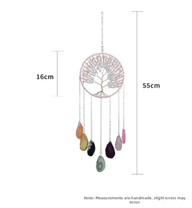Detail showing 55cm Tree of Life dream catcher with pink wire and colorful agate slices
