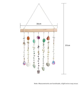 Detail view of crystal suncatcher with agate slices and dimensions 30cm by 57cm
