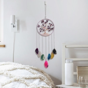 Tree of Life wall hanging with colorful agate slices and crystal stone dreamcatcher