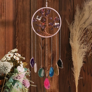Tree of life suncatcher with purple crystals and colorful natural agate slices