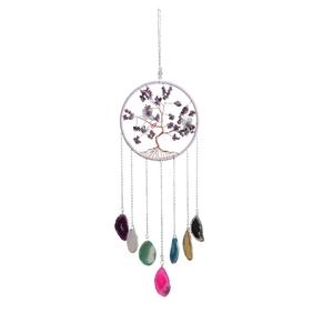 Tree of Life suncatcher with amethyst stones and colorful hanging agate slices