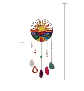 Detail of suncatcher pendant showing 20cm round glass art with colorful agate stone drops